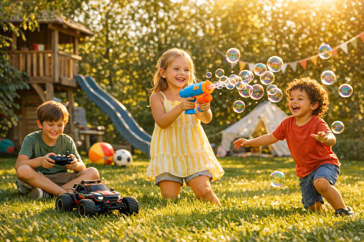 Dzieci bawiące się na koniec wakacji autem zdalnie sterowanym i pistoletem na bańki w ogrodzie