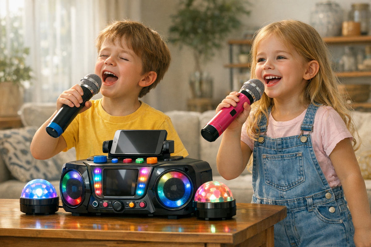 Dwoje dzieci śpiewa do mikrofonów z zestawem karaoke w domowym salonie