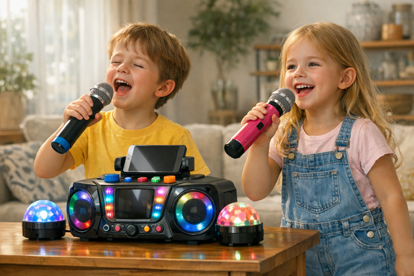 Dwoje dzieci śpiewa do mikrofonów z zestawem karaoke w domowym salonie