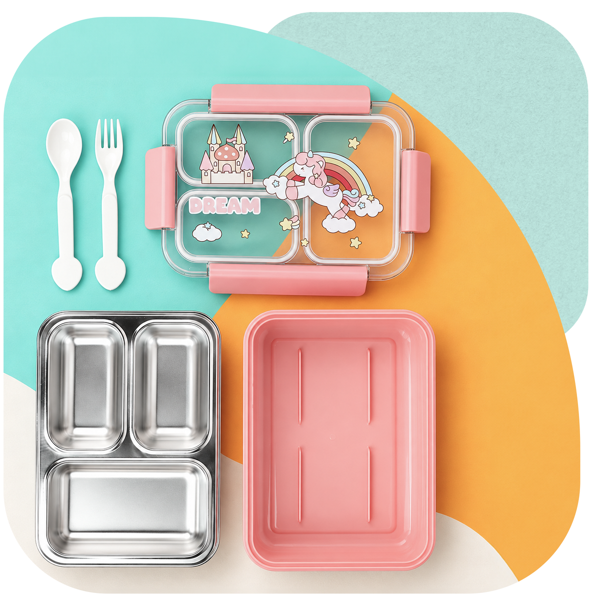 Lunchbox PLAYIO Jednorożec - śniadaniówka 3 komory ze stali nierdzewnej