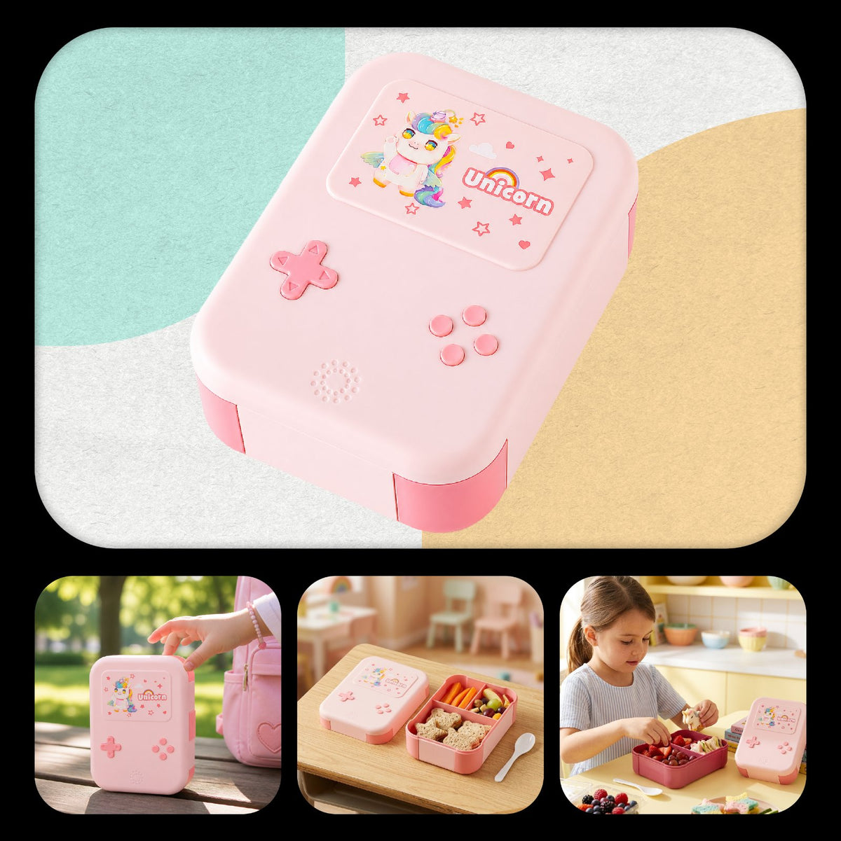 Lunchbox PLAYIO Jednorożec – śniadaniówka z 3 komorami, różowa