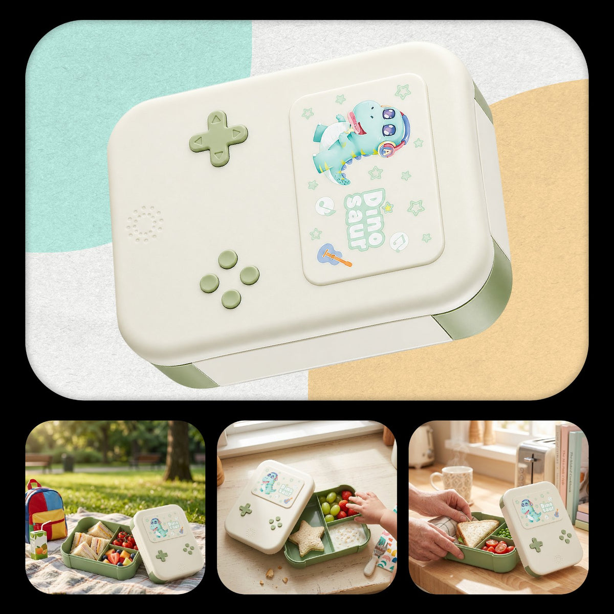 Lunchbox dla dzieci PLAYIO Dinozaur – 3 komory, zielony