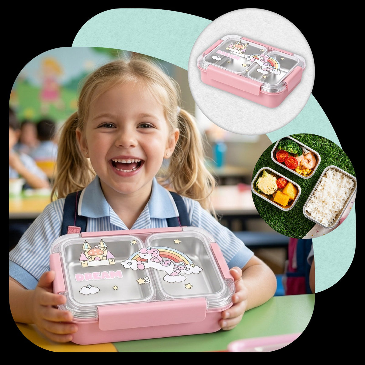 Lunchbox PLAYIO Jednorożec - śniadaniówka 3 komory ze stali nierdzewnej