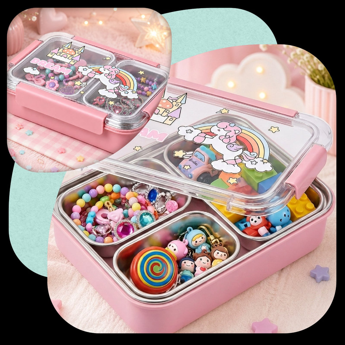 Lunchbox PLAYIO Jednorożec - śniadaniówka 3 komory ze stali nierdzewnej