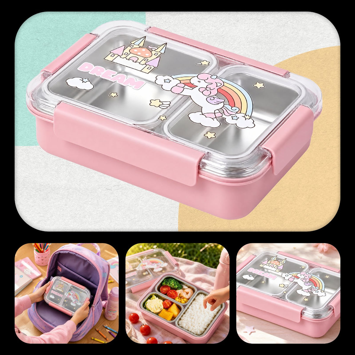 Lunchbox PLAYIO Jednorożec - śniadaniówka 3 komory ze stali nierdzewnej
