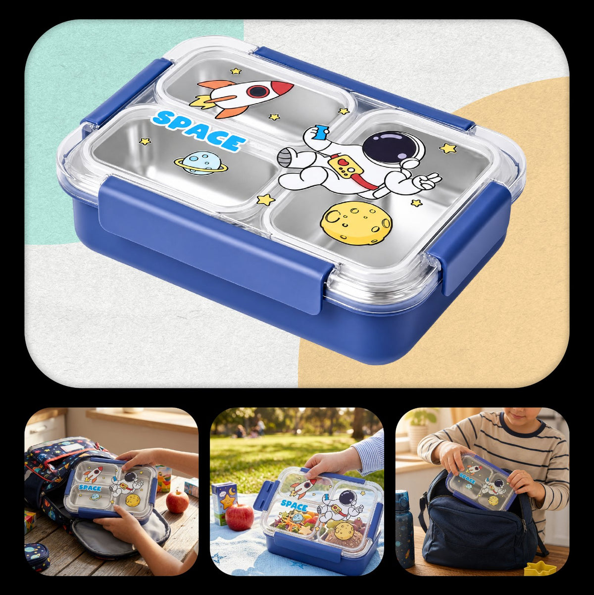 Lunchbox PLAYIO Astronauta – śniadaniówka 3 komory ze stali