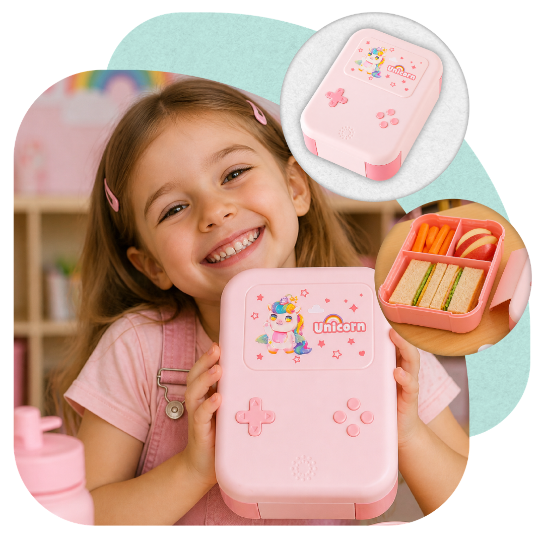 Lunchbox PLAYIO Jednorożec – śniadaniówka z 3 komorami, różowa