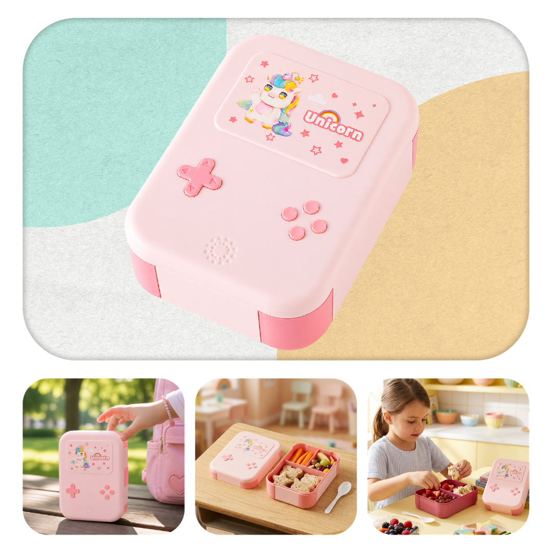 Lunchbox PLAYIO Jednorożec – śniadaniówka z 3 komorami, różowa