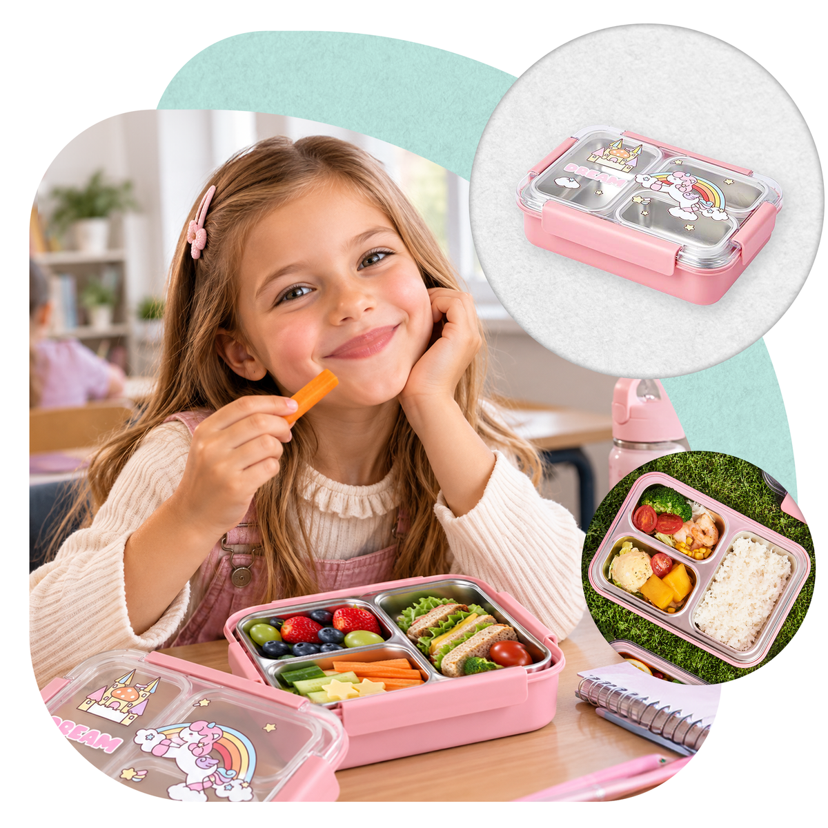 Lunchbox PLAYIO Jednorożec - śniadaniówka 3 komory ze stali nierdzewnej