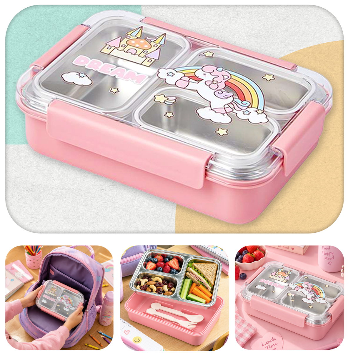 Lunchbox PLAYIO Jednorożec - śniadaniówka 3 komory ze stali nierdzewnej
