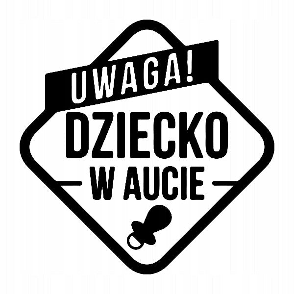 Żółta naklejka ostrzegawcza z symbolem dziecka i tekstem na samochodzie